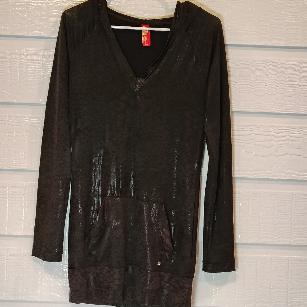 Apple Bottoms Animal Print Stretch Hoodie Dress Black Shiny Women MediumY2K